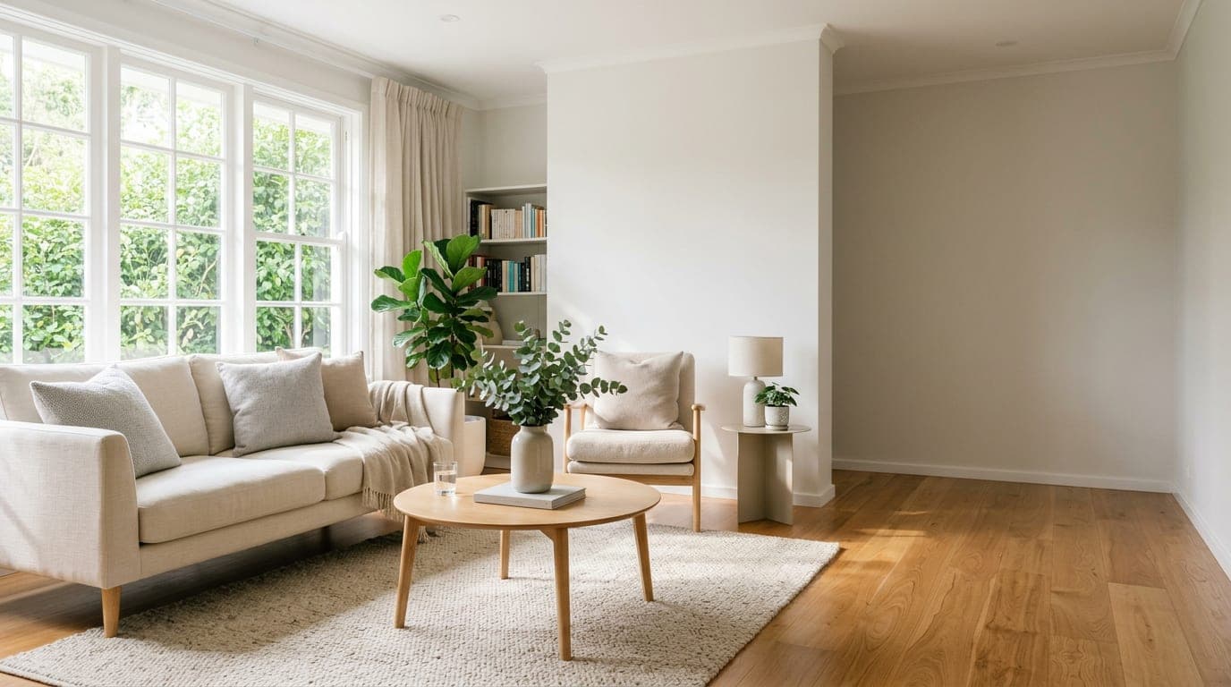 A sunlit living room with clean surfaces, soft natural light, and orderly furnishings.